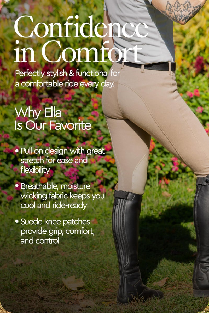 HORZE Ella Women's Horseback English Riding Pull-On Schooling Breeches with ALOS Leather Knee Patches and Belt Loops - Tan - 26 - Image 4